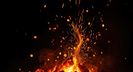 Abstract fire sparks from a hot bonfire with glowing embers and flames isolated on a black background for heat energy and magical light trails