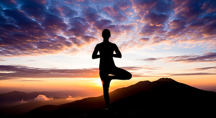 Woman silhouette in yoga tree pose on mountain top at sunset with dramatic sky for meditation wellness and spiritual zen balance concept