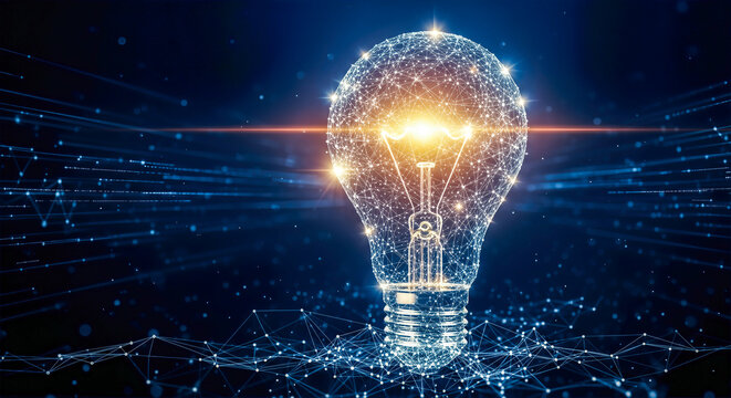 Digital lightbulb concept, technology innovation, bright idea, plexus network background, global connection, futuristic energy, creative solution, glowing wireframe
