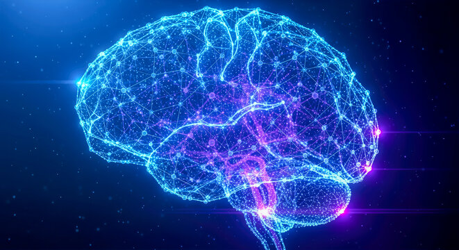 Digital brain, artificial intelligence, plexus, neural network, machine learning, neuroscience concept, data, ai, technology connection, glowing, blue, pink - Powered by Adobe