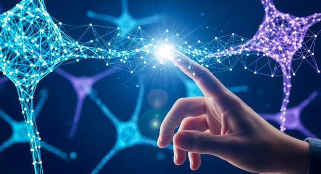 Hand touching neural network, artificial intelligence, plexus, digital brain, technology connection, neuroscience concept, data, ai, machine learning