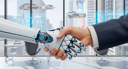 AI partnership, robot and human handshake, business technology, futuristic office, artificial intelligence agreement, automation collaboration, flying cars