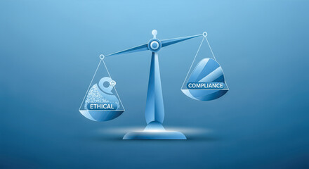 Business ethics and compliance concept with scales of justice balancing ethical decisions and corporate legal regulation on a blue background
