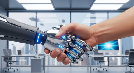 AI partnership, robot and human handshake, business technology, futuristic office, artificial intelligence agreement, automation collaboration, chrome hand