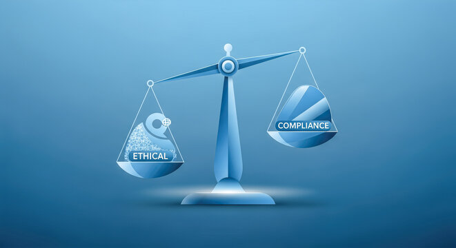 Business ethics and compliance concept with scales of justice balancing ethical decisions and corporate legal regulation on a blue background