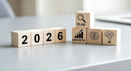 2026 business concept with wooden blocks, plan, growth, AI icons, future strategy, new year resolution, corporate planning, desk, grey background