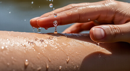 Skin hydration concept, water drops on arm, hand touching skin, macro, spa treatment, beauty, wellness, moisturizing, clean, fresh, body care