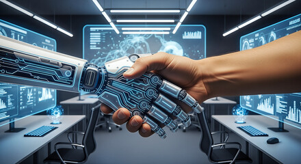 AI partnership, robot and human handshake, business technology, futuristic office hud, artificial intelligence agreement, automation collaboration, circuit