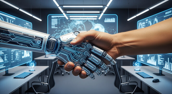 AI partnership, robot and human handshake, business technology, futuristic office hud, artificial intelligence agreement, automation collaboration, circuit