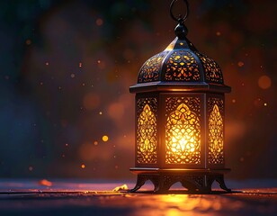 ornate metal ramadan lantern casting warm candlelight glow in a dark, mystical night with floating bokeh