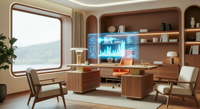 Futuristic office interior with holographic screen displaying financial data, retro style workspace featuring advanced technology and beautiful window view