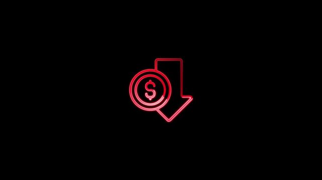 Red Neon Dollar Coin and Down Arrow Icon on Black Background money finance