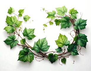 A delicate ring-like arrangement of vibrant green leaves and slender, winding brown vines against a clean, white background
