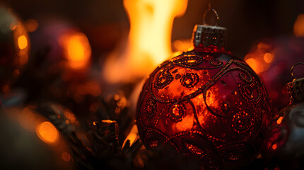 Christmas background image showing glowing red ornament with golden bokeh lights symbolizing festive warmth and cozy holiday atmosphere.
