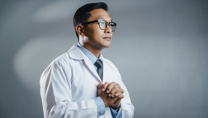 Doctor, a thoughtful healthcare professional, stands in a crisp white lab coat, looking forward with hope and dedication in a bright studio.