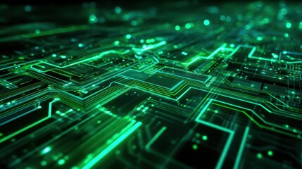 Abstract neon green technology background with glowing circuit patterns and futuristic mood