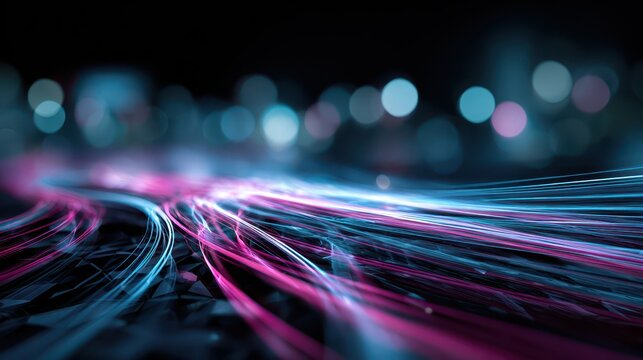 Abstract neon data corridors with bright streaks and soft bokeh - Powered by Adobe