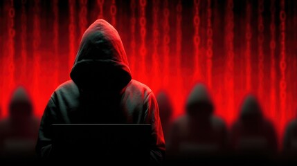 Mysterious Figure in Crimson: Enigmatic figure shrouded in a hooded sweatshirt, lost in the glow of a digital interface, with an underlying sense of intrigue and suspense.