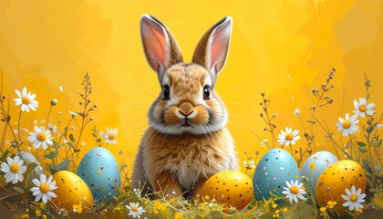 A cute bunny sits amongst painted eggs and flowers against a warm, yellow background, evoking the joy of spring