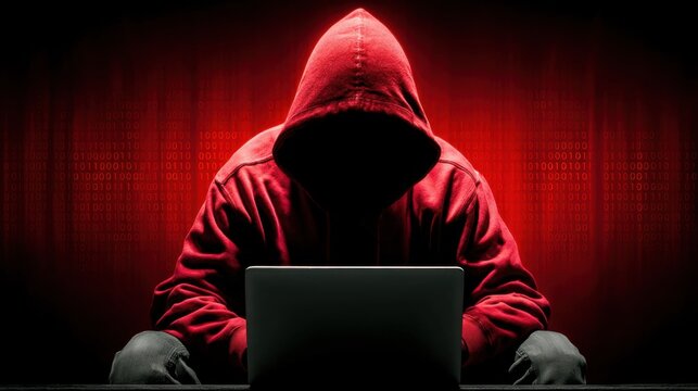 The Shadow Hacker: Enigmatic figure shrouded in a hooded sweatshirt, their face obscured, intensely focused on a laptop screen, immersed in a digital realm of data.