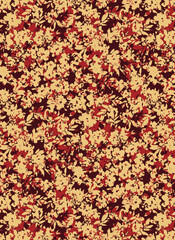 Abstract solid vector textile design, arrangement with a small three-tone cherry silhouette flowers, all-over seamless pattern with red and orange tone color illustration, digital image print fabrics.