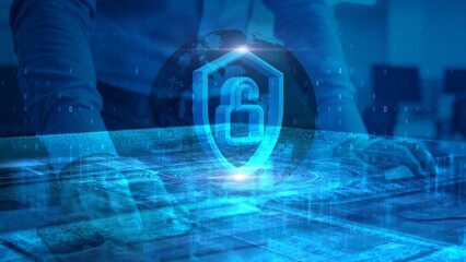 Futuristic Cybersecurity Concept with Hands on Digital Interface and Secure Lock Symbol