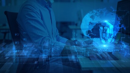 Digital Workspace with Futuristic Tech Elements and Global Connectivity Theme