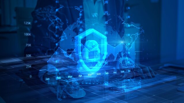 Futuristic Digital Security Concept with Global Connections on a Neon Blue Interface