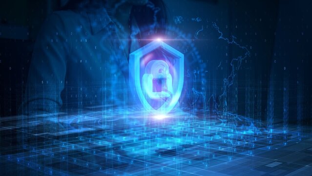 Digital Security Concept with Futuristic Blue Cyber Shield and Lock Symbol