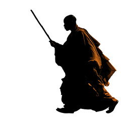Monk Silhouette on a Journey: A solitary figure, a monk, strides forward in silhouette, staff in hand, embodying a journey of spiritual reflection and introspection.