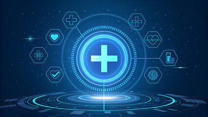 Futuristic medical interface concept with glowing icons representing healthcare, medicine, and technology, symbolizing innovation and digital health solutions