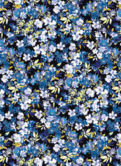 Abstract solid vector textile design, arrangement with a small multicolor cherry silhouette flowers, all-over seamless pattern with blue and yellow tone color illustration, digital image prints