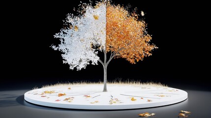 A single tree is depicted with one half covered in white snow and bare branches, while the other half displays vibrant orange autumn leaves.