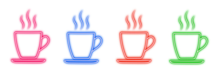 Neon glowing coffee cup vector icons set, glowing, hot drink, tea, cafe, colorful outline symbols, vibrant digital design illustration on transparent background.