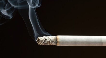 A macro view showcasing a slender lit tobacco cigarette, emitting wisps of white smoke against a neutral background. The filter and burning tip are visible ,unhealthy ,paper ,trouble