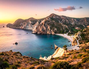 Fototapeta premium Bay with majestic cliffs, clear water, and colorful sunrise