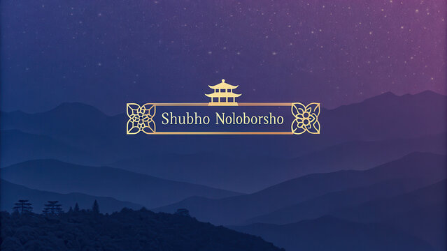 Serene night sky over misty mountains with a traditional asian pagoda silhouette and ornate golden emblem