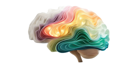 Layered brain model, gradient colors, artistic concept on black