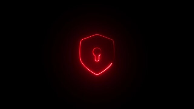 Red neon outline of a shield with a keyhole inside on a black background indicating danger or warning
