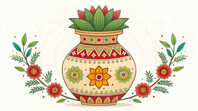 Traditional indian kalash decorated with intricate patterns and floral motifs symbolizing prosperity and auspiciousness for festivals and celebrations