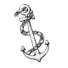 Isolated vector graphic of a ship's anchor with a chain. The illustration is done in ink. The design is suitable for postcards, wrapping paper and textiles.