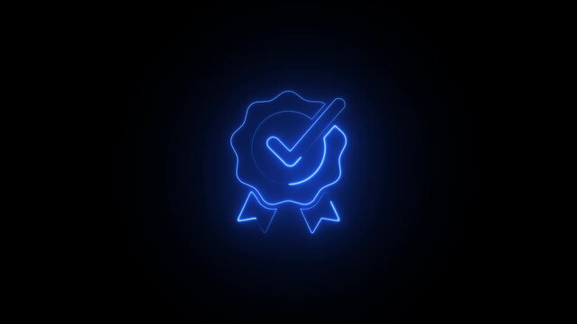 Blue neon outline of a ribbon award with a checkmark inside on a black background signifying approval or success