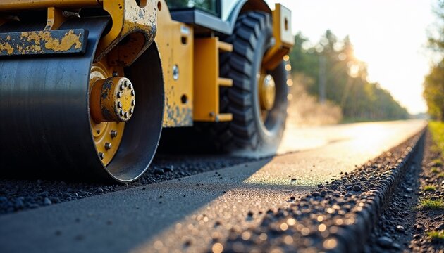 Asphalt roller machine leveling new road surface at sunset, road construction concept close-up