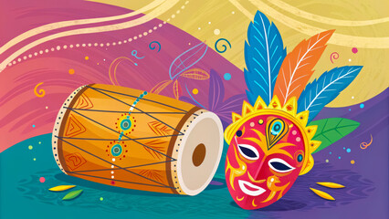 Vibrant carnival mask and drum with colorful abstract background celebrating festive celebration and cultural traditions