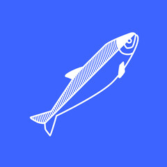 Minimalist white line art drawing of a sardine fish on a solid blue background.