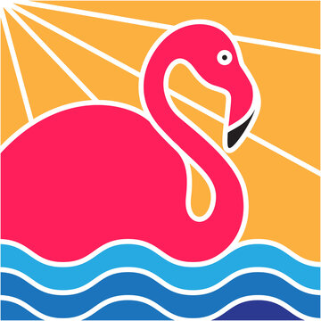 Stylized Pink Flamingo Illustration in Water at Sunset.