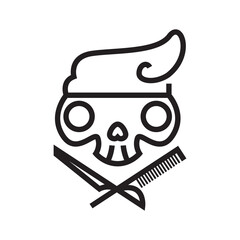 Barbershop skull logo with pompadour hair and crossed razor comb.