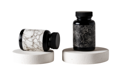 Two black bottles with marble and abstract designs, on white pedestals