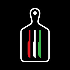 Italian food concept logo with cutting board and knives icon.