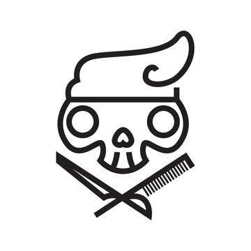 Barbershop skull logo with pompadour hair and crossed razor comb.